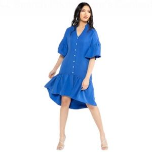 Chloe Kristen Cobalt Cupro Elisabeth hi low ruffle button linen blend dress med